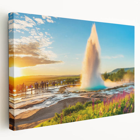 Large art depicting a serene Iceland landscape on stretched canvas, in muted blue and green tones.