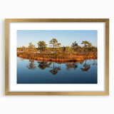 Abstract art print of a European landscape in muted earth tones on a gold-framed canvas, suitable for dining room decor.
