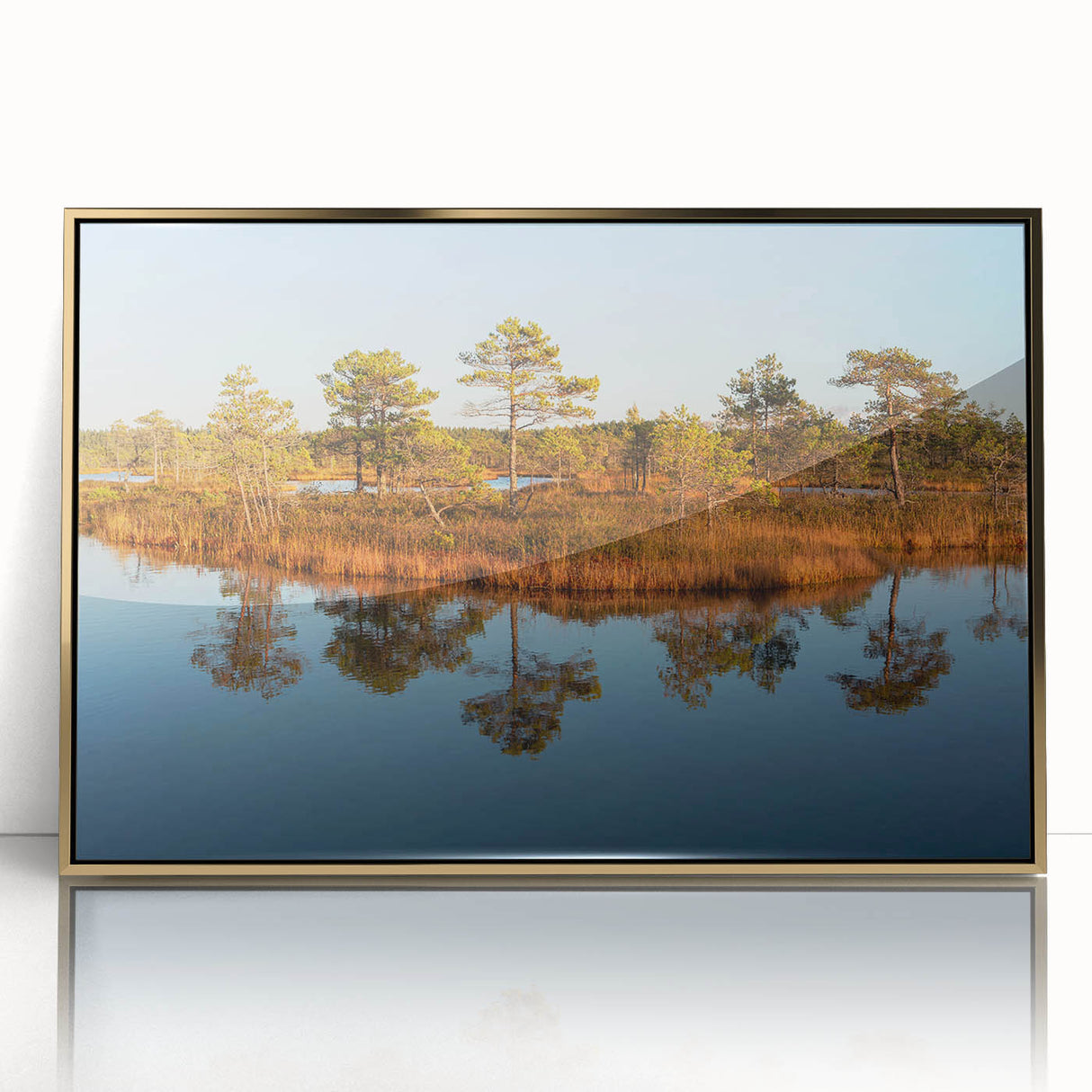 Art Deco poster of a European landscape in Latvia, framed in gold acrylic, featuring soft pastel colors.