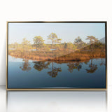 Art Deco poster of a European landscape in Latvia, framed in gold acrylic, featuring soft pastel colors.