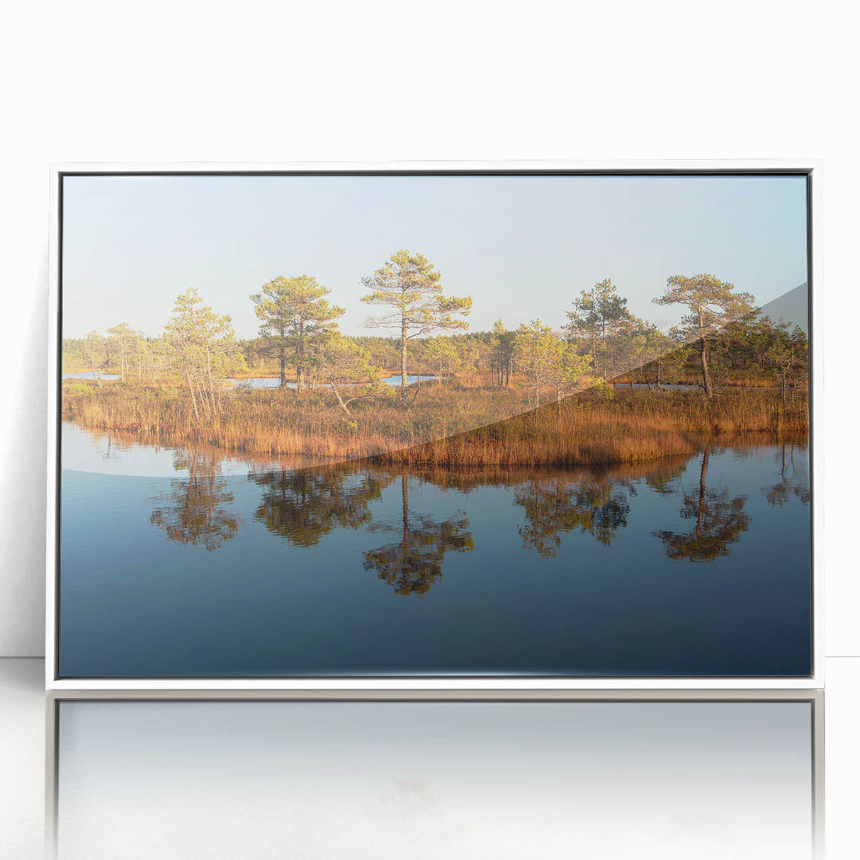 Mid-century modernist art of a European landscape in soft pastel shades, acrylic print framed in white.