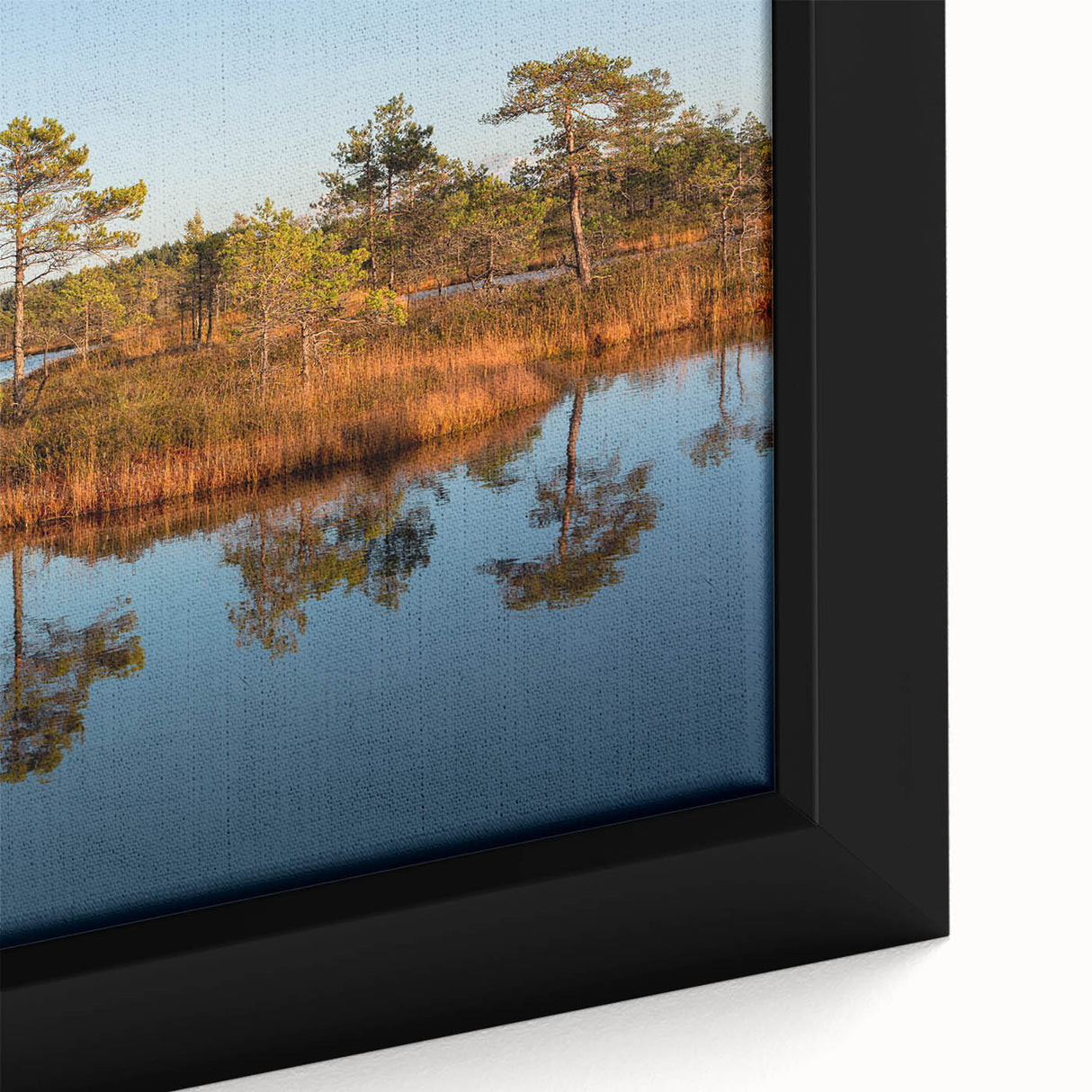 Extra large framed canvas featuring a textured depiction of a European scenery in Latvia with a black and colorful art…