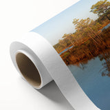 Art Deco style poster of a European Latvian landscape in muted colors, printed on rolled canvas.