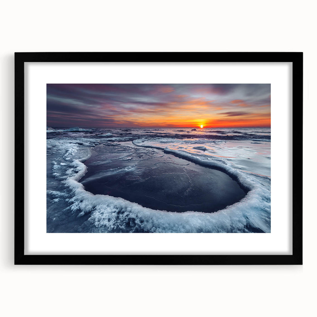 Colorful abstract art print of a European scenery in vibrant hues on a large textured canvas, framed in black.