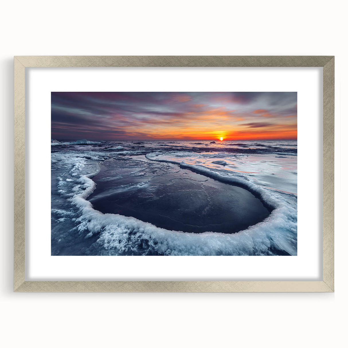 Extra large abstract art print of a European scenery in silver frame, featuring textured details in muted earth tones.