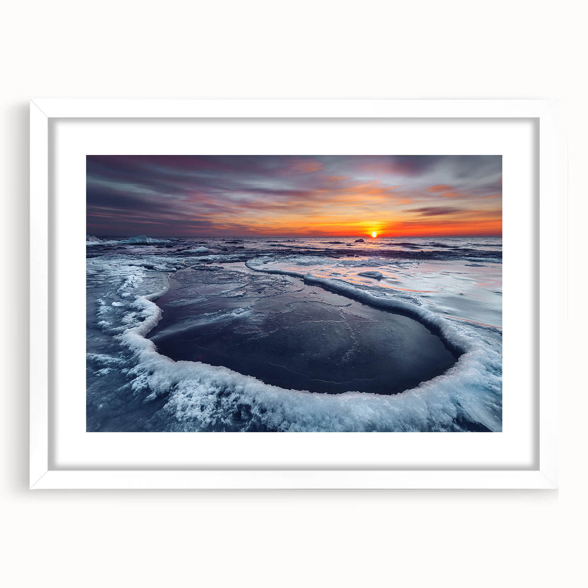 Textured abstract art print of a European landscape in muted greens and blues, framed in white, ideal for bedroom decor.