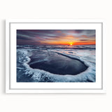 Textured abstract art print of a European landscape in muted greens and blues, framed in white, ideal for bedroom decor.