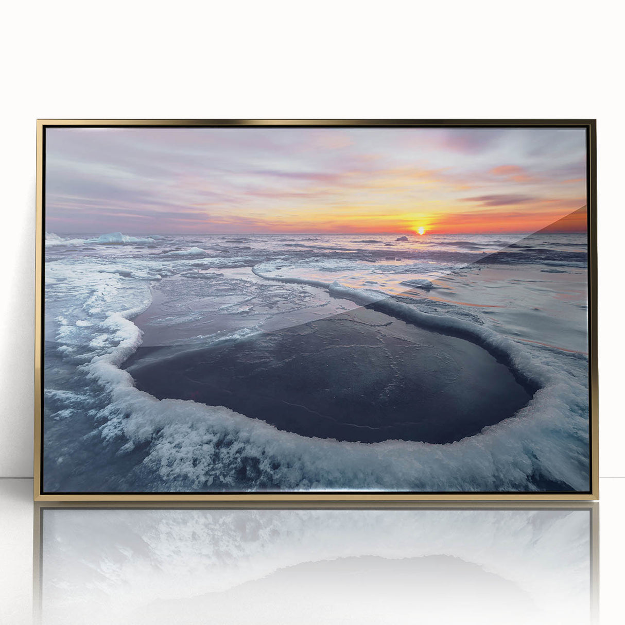 Art deco poster featuring a serene Lithuanian landscape, in muted gold tones on framed acrylic.