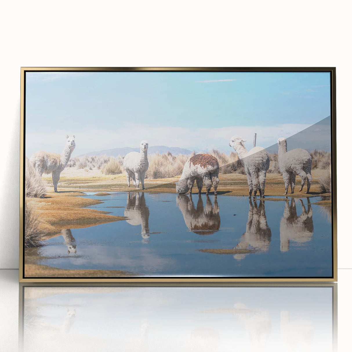 Large art print of a Bolivian landscape in mid-century modernist style, framed in gold acrylic.