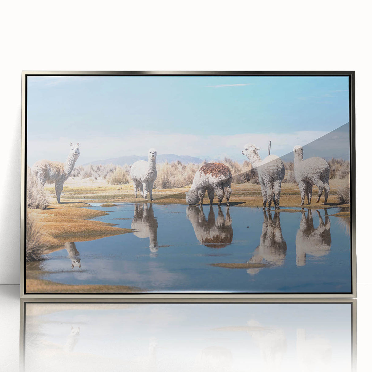 Mid-century modernist art depicting a Bolivian landscape, with muted earth tones on a silver-framed acrylic print.