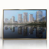 Large art print of a Brazilian landscape in mid-century modernist style, featuring gold tones on framed acrylic.