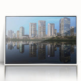 Acrylic print of a Brazilian landscape featuring a serene lake scene in muted earth tones, framed in white.