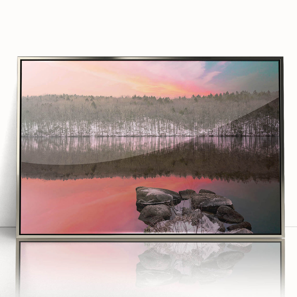 Mid-century modernist art of Connecticut scenery in pastel shades on a framed acrylic, ideal for nursery wall art.