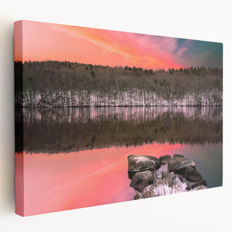 Large art print featuring a serene Connecticut landscape in muted green and blue tones on stretched canvas.