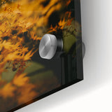 Large abstract wall art on acrylic glass depicting mid-century modernist autumnal hues, ideal for dining room decor.