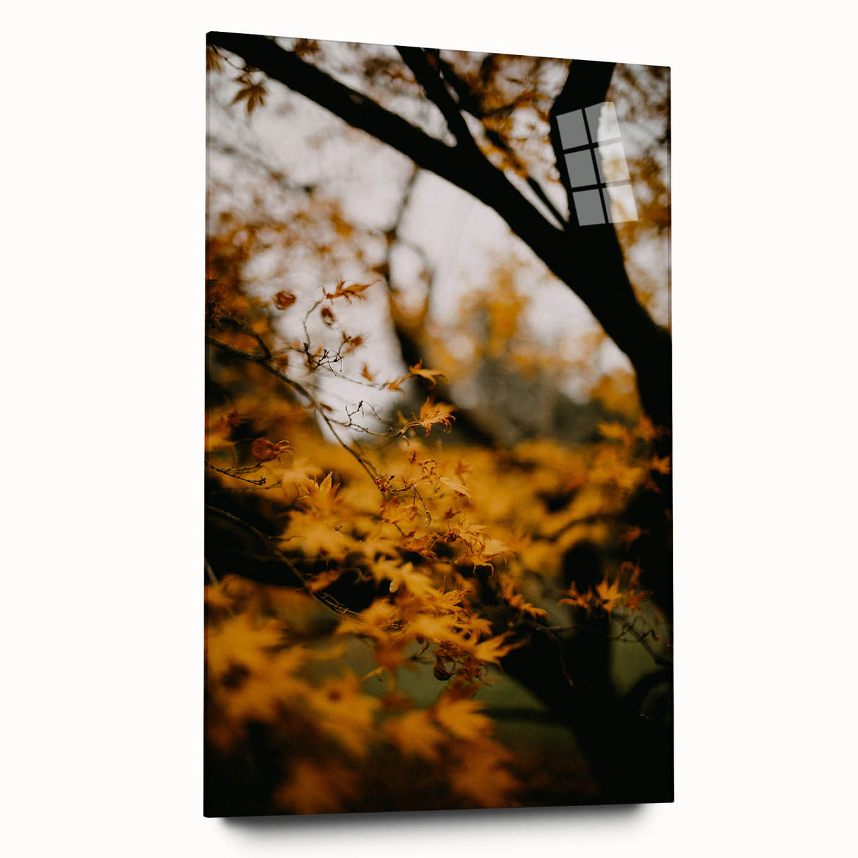 Large abstract wall art on acrylic glass, featuring swirling autumnal hues, ideal for bedroom or dining room decor.