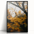 Large abstract wall art depicting autumnal colors in mid-century modernist style on black framed acrylic.