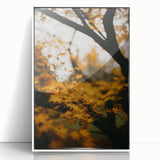 Art deco poster featuring autumnal trees in muted orange and brown tones, acrylic print in a white frame.