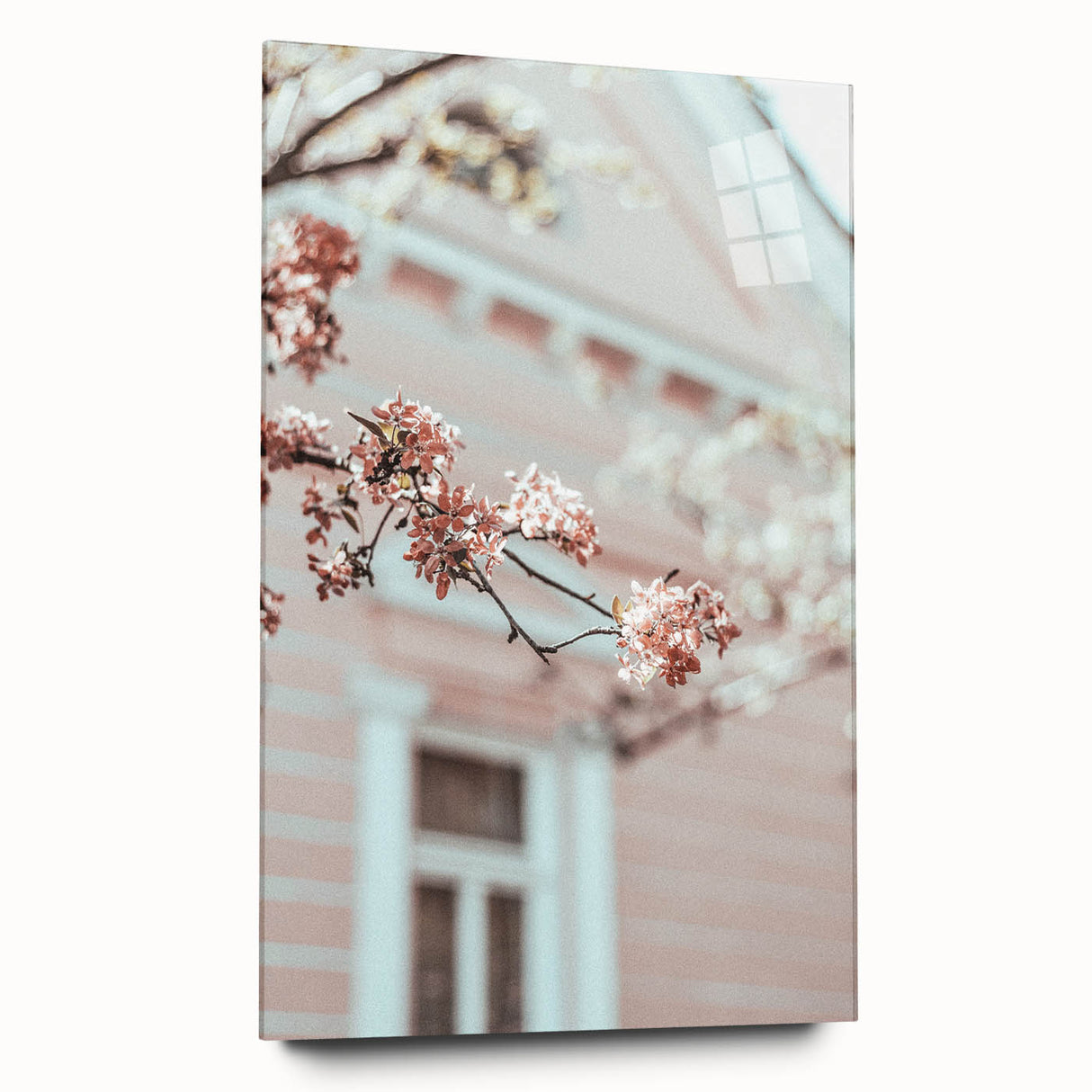 Large abstract wall art on acrylic glass depicting spring themes in pastel shades, ideal for bedroom or dining room decor.