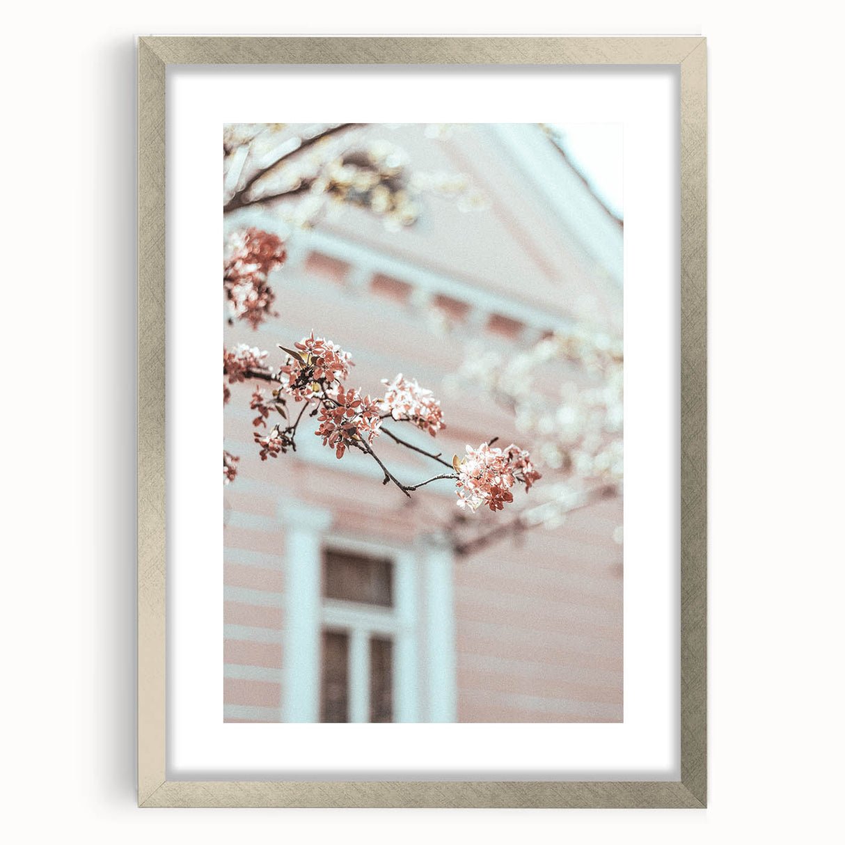 Textured art depicting abstract spring scene in pastel shades on a silver-framed mat, ideal for bedroom art.