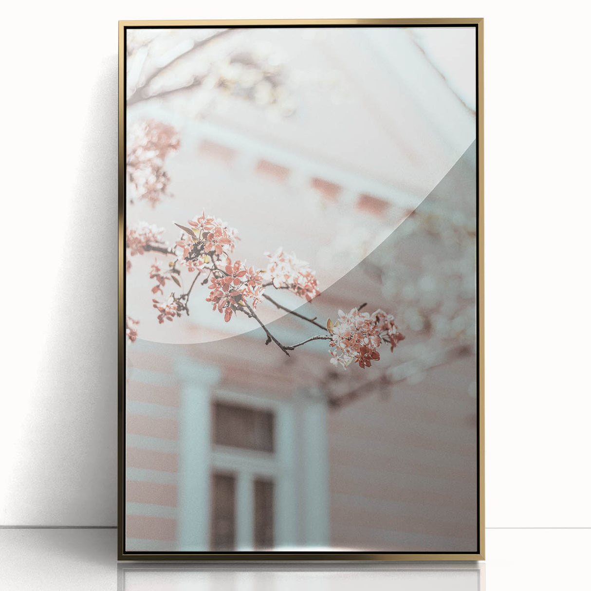 Large framed acrylic print of a mid-century modernist spring scene with pastel shades, ideal for nursery wall art.