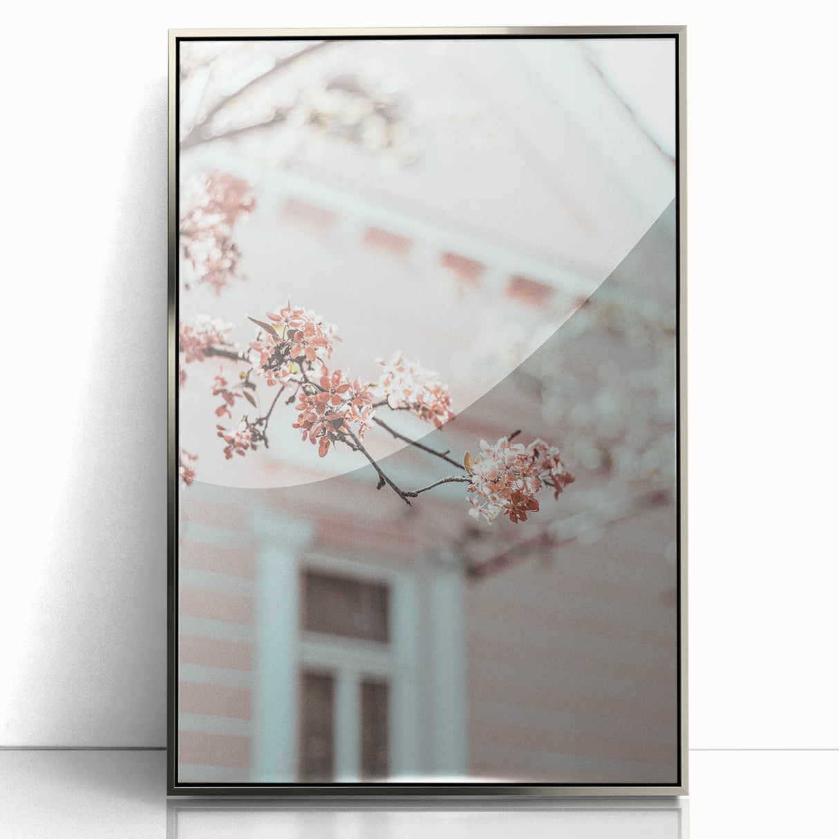 Mid-century modernist art featuring abstract spring motifs in pastel shades on a framed acrylic panel.