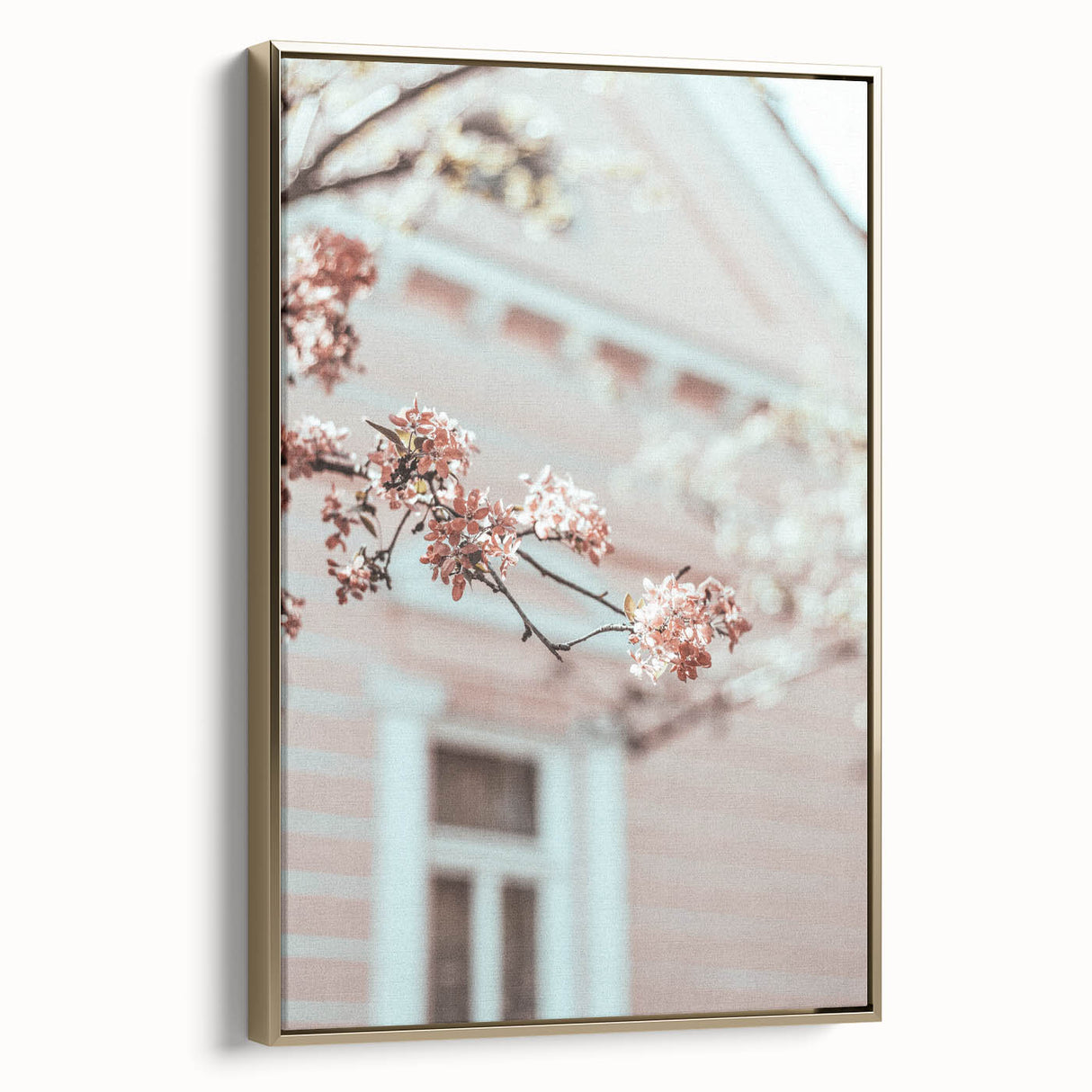 Framed canvas depicting a vintage-style landscape with spring theme in muted greens and golds, ideal for bedroom wall decor.