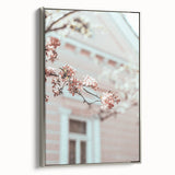 Framed canvas featuring a vintage-style landscape art painting with colorful spring imagery on a black background.