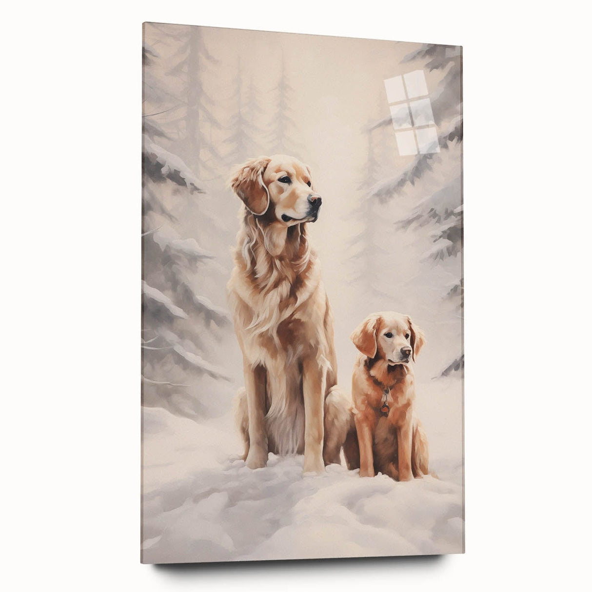 Large abstract wall art on acrylic glass depicting winter season in muted blue and white tones.