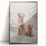 Mid-century modernist art depicting a winter scene in muted blue and white tones on a framed acrylic.