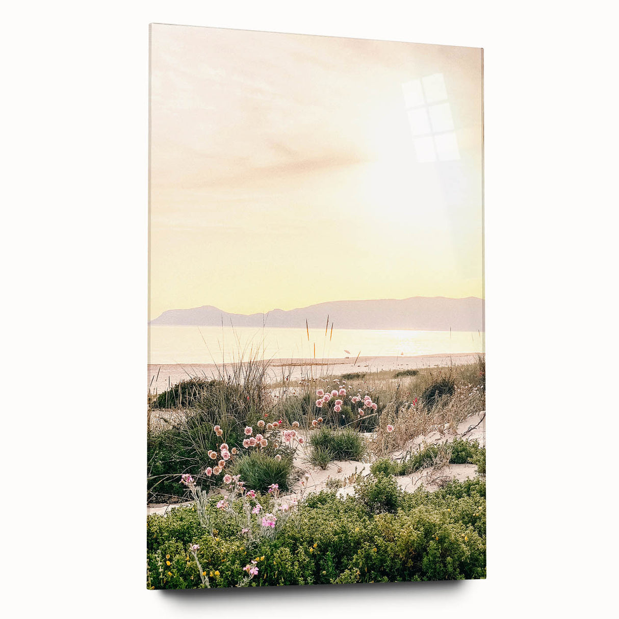 Large abstract wall art in vibrant blues and greens on acrylic glass, ideal for bedroom or dining room decor.