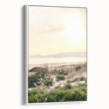 Extra large vintage poster art on canvas, featuring colorful abstract design, framed in white, ideal for living room decor.