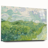 Large abstract wall art on acrylic glass depicting swirling blue and yellow patterns.