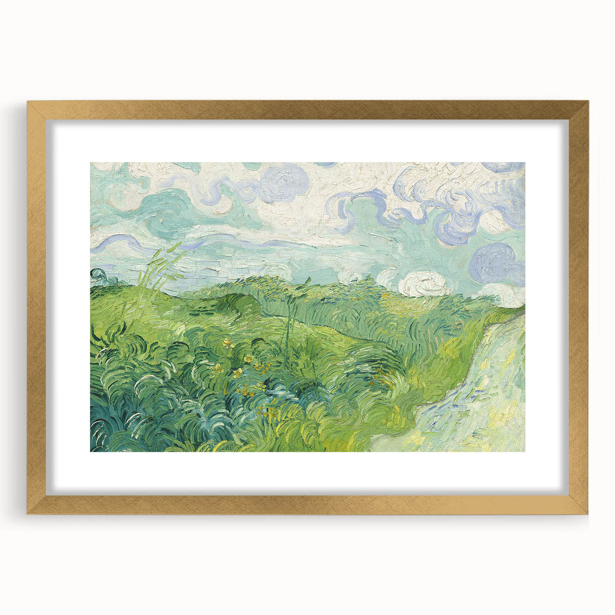 Textured abstract art print in gold frame, featuring swirls in deep blue and vibrant yellow, ideal for bedroom art.