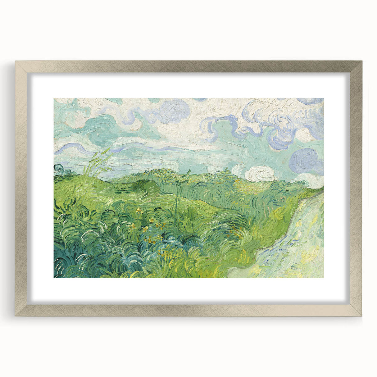 Extra large abstract art print featuring textured swirls in vibrant blues and yellows on a silver-framed canvas.