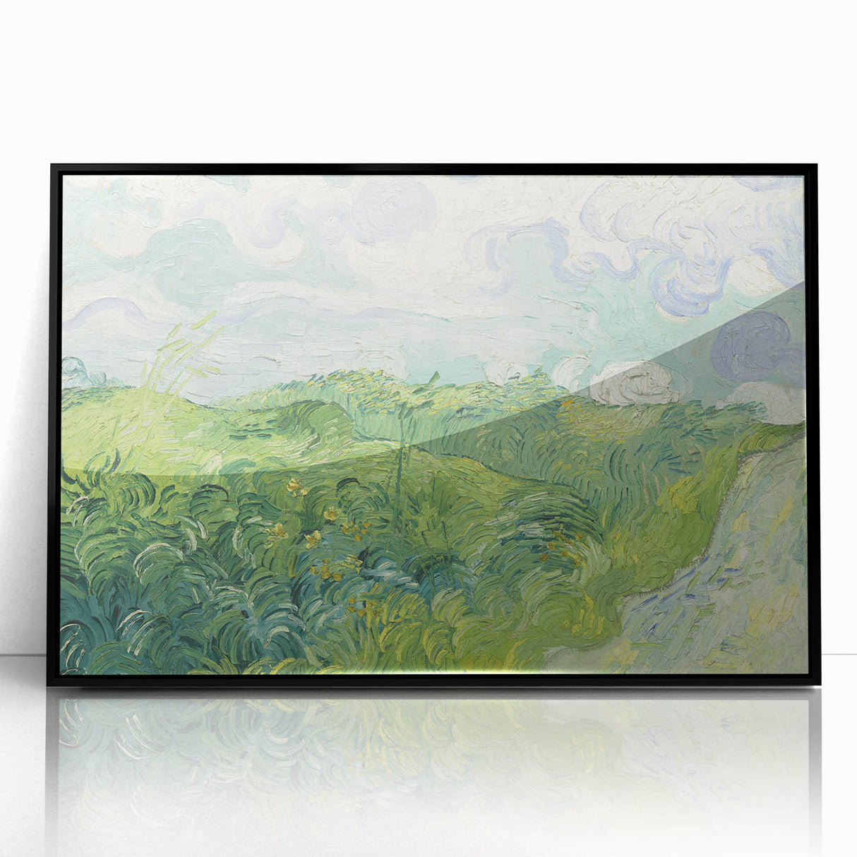 Large abstract wall art featuring swirling blue and yellow patterns, framed in black acrylic.
