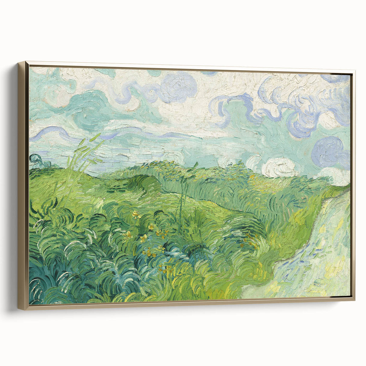 Framed canvas depicting a Van Gogh-style landscape in muted gold, ideal for bedroom wall art.