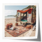 Extra large wall art featuring a caravan of vehicles in muted earth tones on glossy photo paper, ideal for dining room decor.