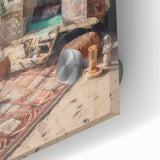 Large abstract wall art on acrylic featuring a caravan of vehicles in muted earth tones.