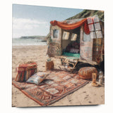 Large abstract wall art featuring a mid-century modernist caravan design in muted earth tones on acrylic glass.