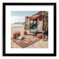 Extra large abstract art print of a colorful caravan, with a textured appearance on a black framed canvas.