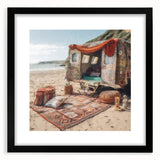 Extra large abstract art print of a colorful caravan, with a textured appearance on a black framed canvas.
