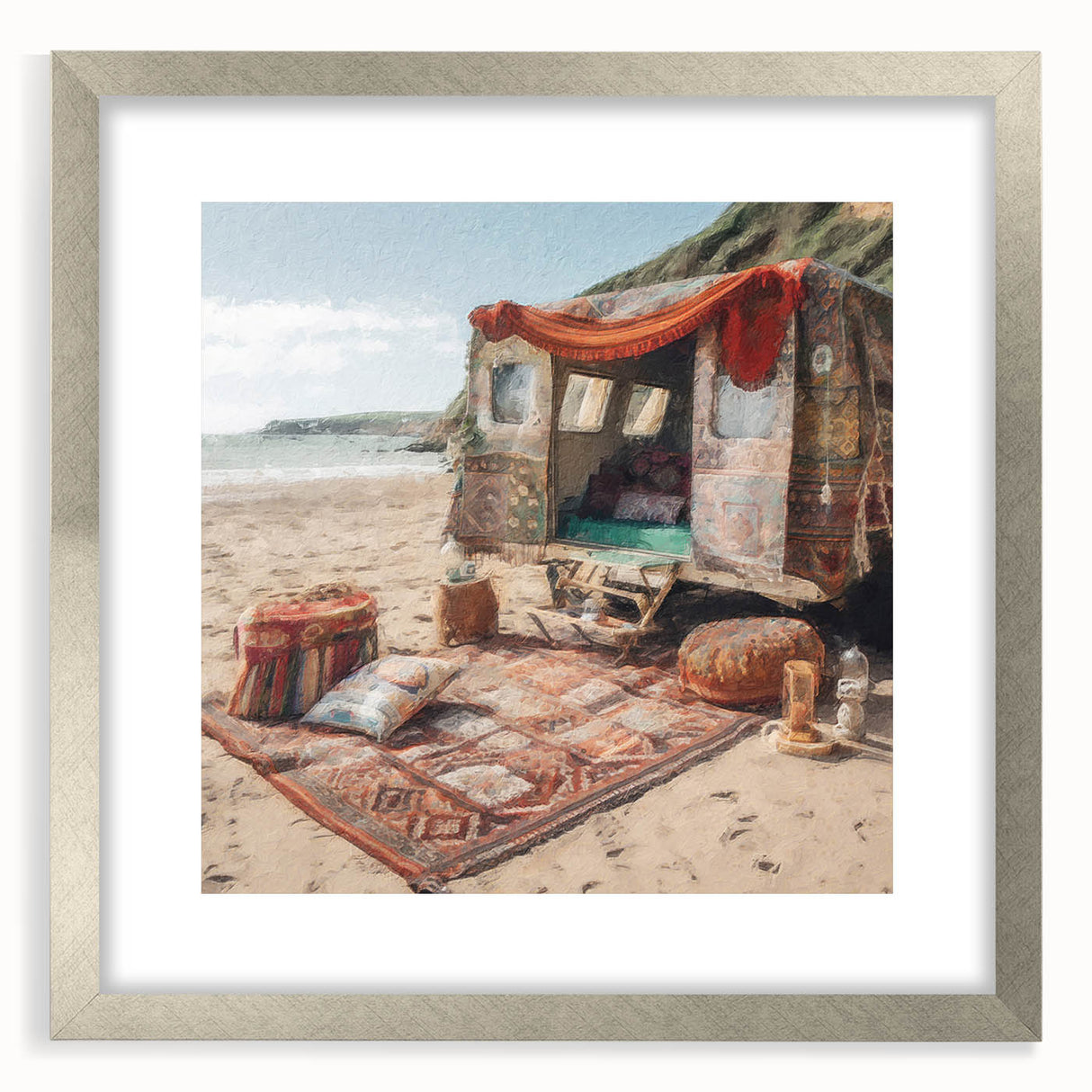 Textured abstract art print featuring a caravan in muted earth tones on a framed canvas, suitable for bedroom decor.