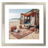 Textured abstract art print featuring a caravan in muted earth tones on a framed canvas, suitable for bedroom decor.