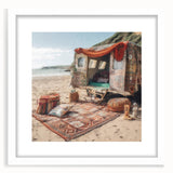 Abstract art print featuring a colorful caravan design in a white frame, ideal for dining room decor.