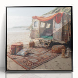 Large abstract wall art featuring a mid-century modernist caravan design in black and white on a framed acrylic panel.