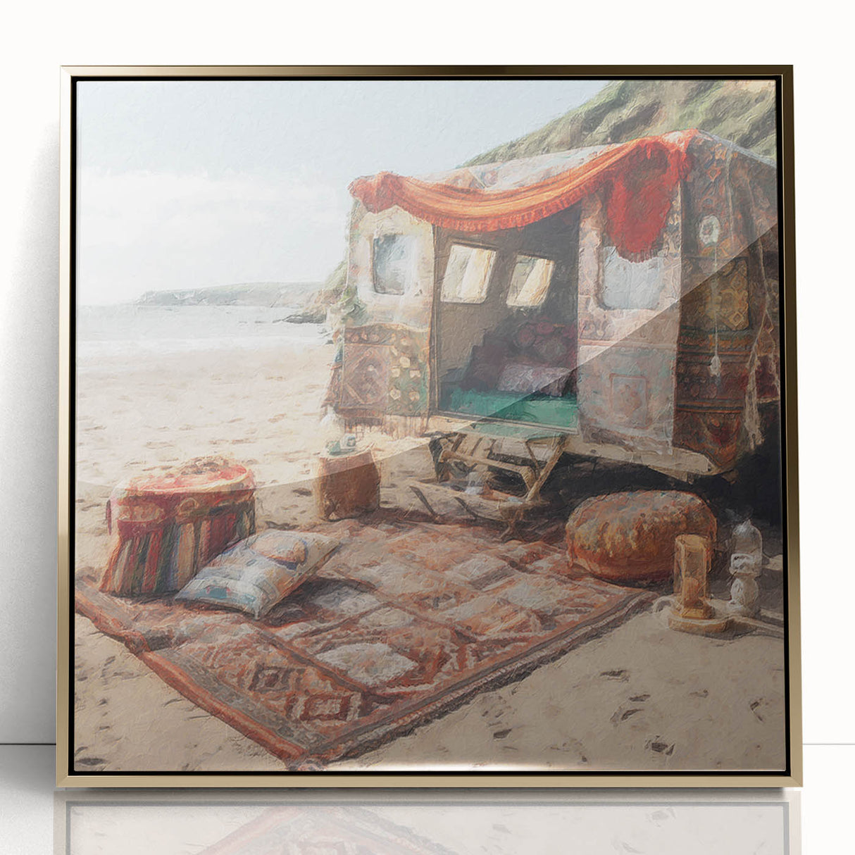 Mid-century modernist caravan illustration in gold and white, acrylic print framed, suitable for nursery wall art.