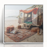 Art deco style caravan illustration in monochrome on white acrylic, framed, ideal for nursery wall decor.