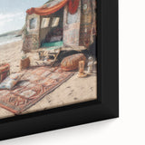 Extra large black canvas featuring a textured, colorful caravan, ideal for living room decor.