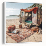 Extra large framed canvas of vintage poster art featuring a colorful caravan, ideal for living room decor.